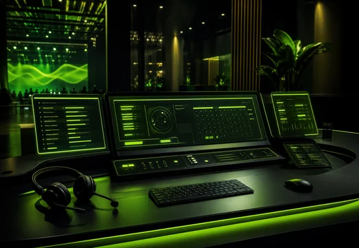 Futuristic messaging console artwork with soft green highlights matching the site theme.