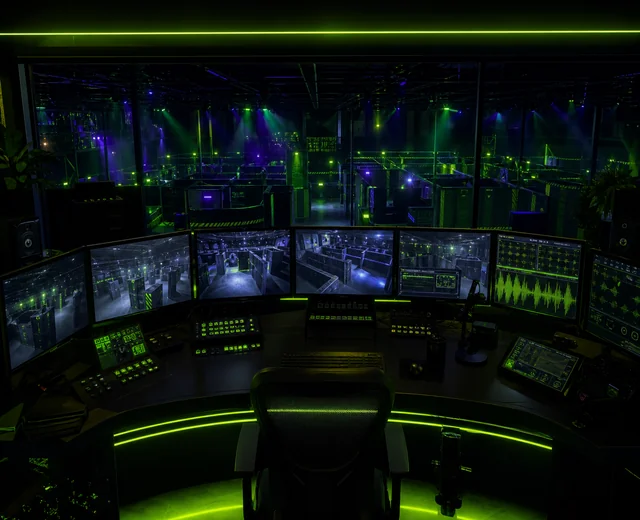 Moody neon control desk suggesting late-night session planning and floor review.