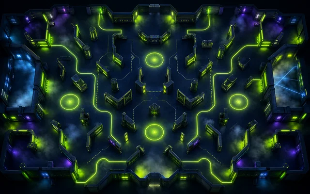 Stylized arena map with glowing lanes converging toward a central objective zone.