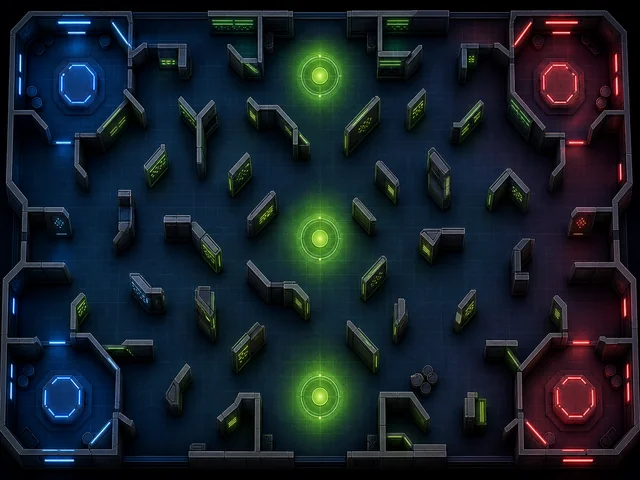 Top-down stylized floor map showing cover zones, bases, and objective markers.