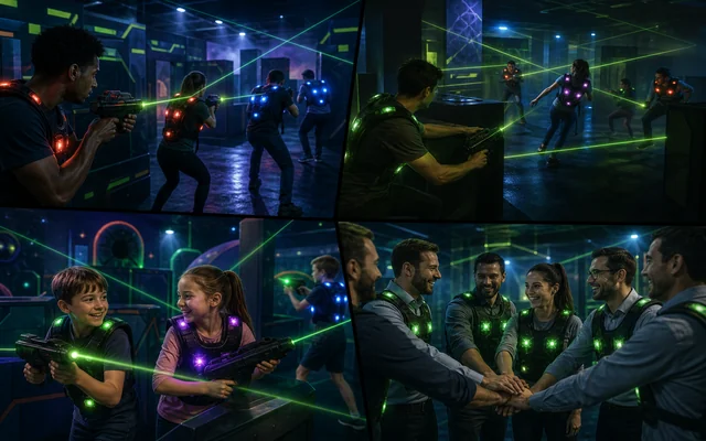 Collage-style graphic suggesting multiple laser match types and team sizes.