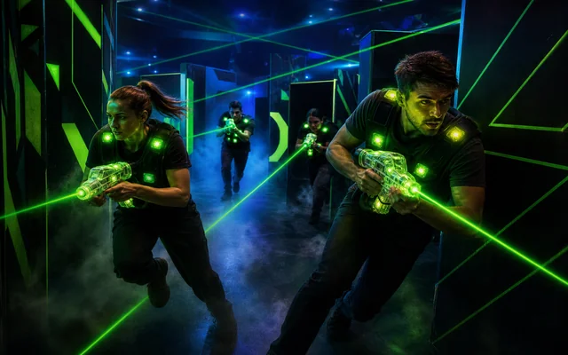 Dynamic illustration of players moving through a neon arena with light streaks and zone markers.