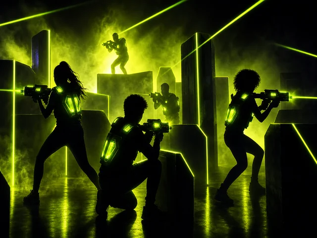 Silhouettes of players in varied poses suggesting different laser tag roles on the floor.