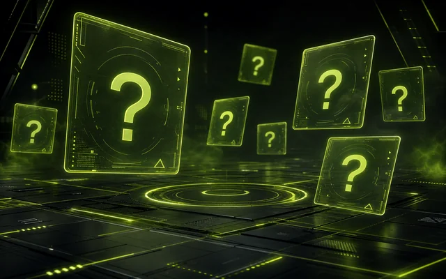 Abstract holographic question cards floating above a dark tactical grid.